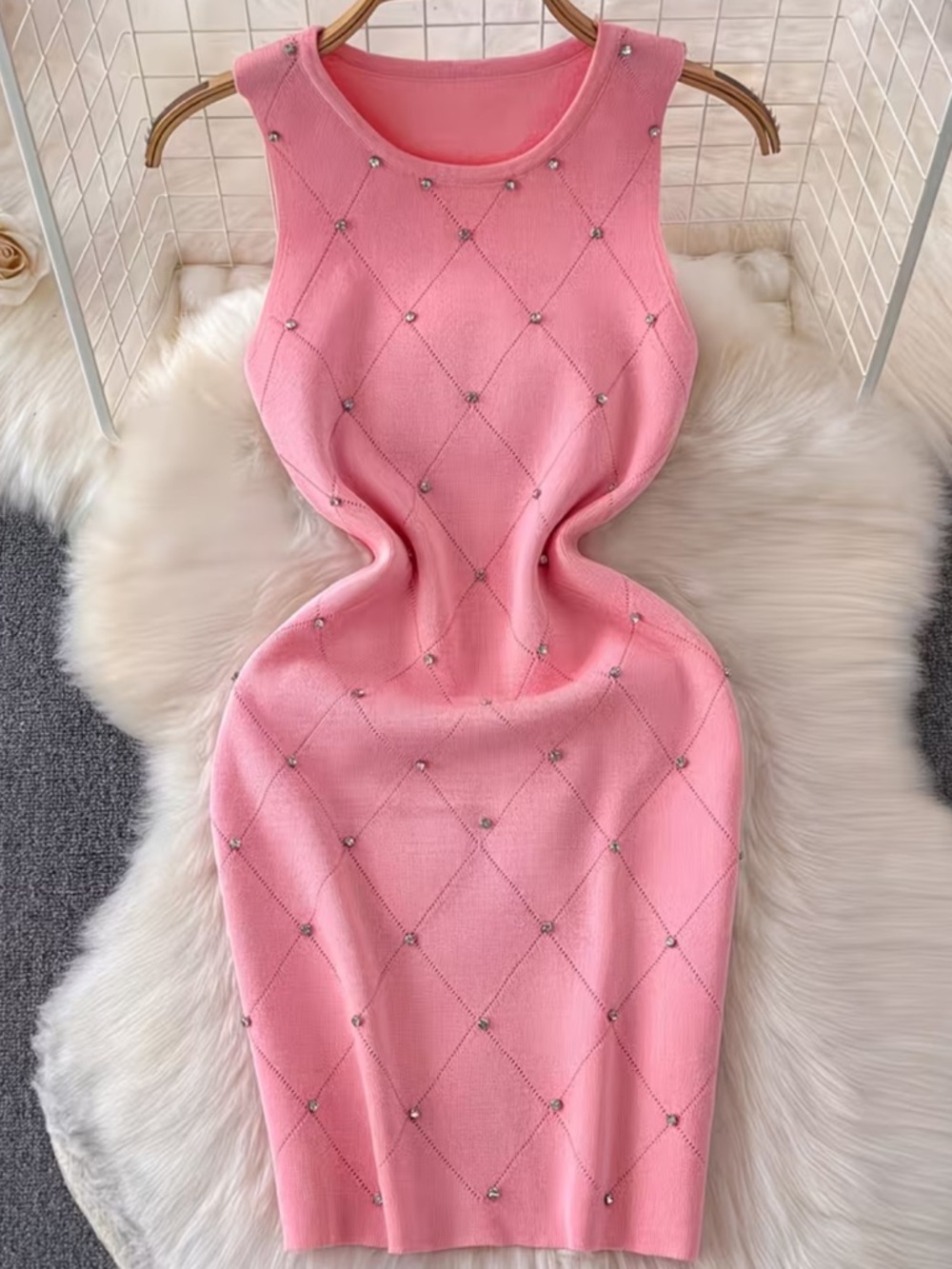 Affordable Fashion Finds Pink Sleeveless Rhinestone Midi Dress